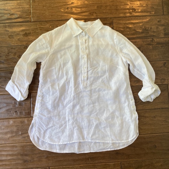 Talbots Tops - TALBOTS 100% Linen Popover Tunic Top Medium White Side Button Detail Coastal